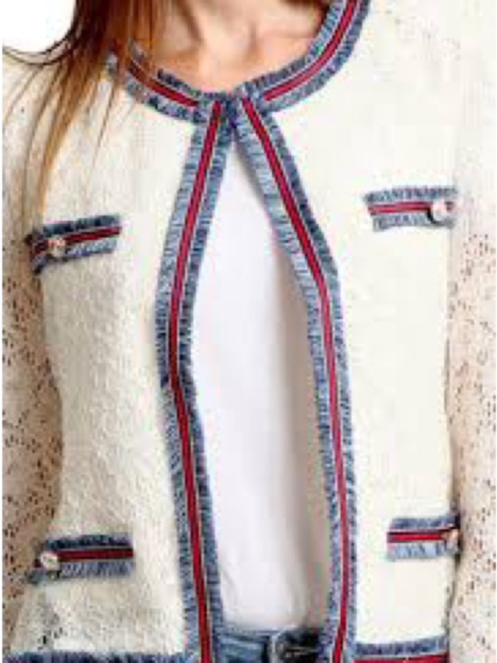 Gracia Cream Lace Open Jacket with Red and Blue Trim Sz M